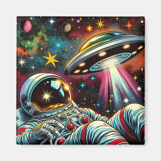 Astronaut Floating in Space with a UFO Ai  Art Magnet (Front)