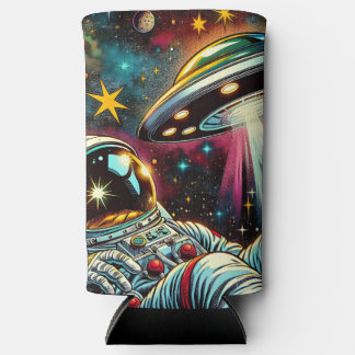 Astronaut Floating in Space with a UFO Ai Art Seltzer Can Cooler