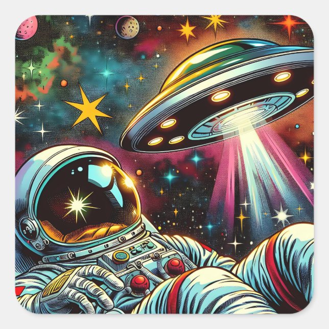 Astronaut Floating in Space with a UFO Ai  Art Square Sticker (Front)