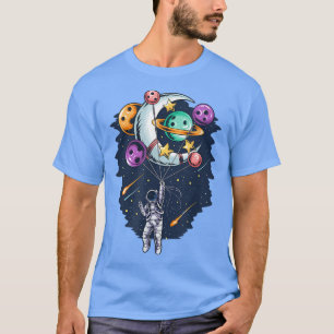 Astronaut Flying Space Balloon Planets Moon Galay T-Shirt