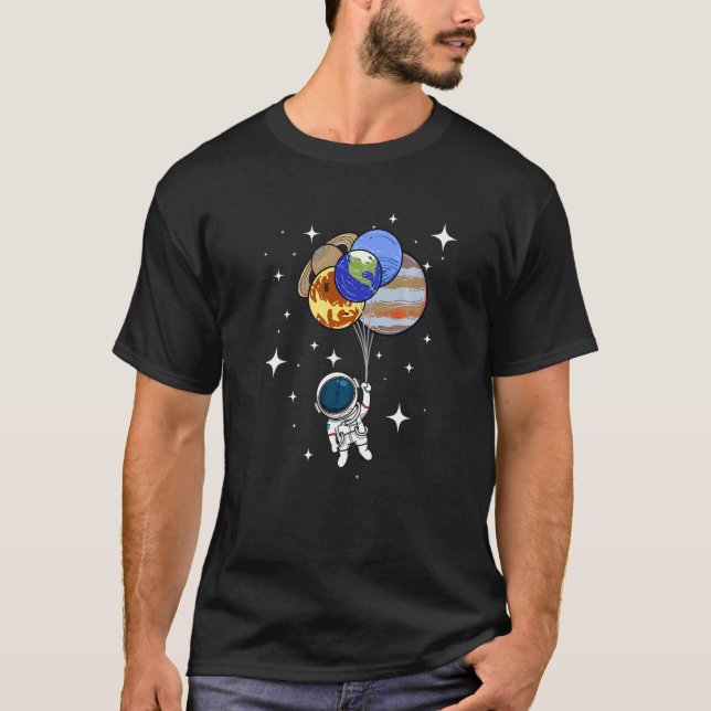 Astronaut Flying With Balloon Planets  Science T-Shirt (Front)
