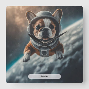 Astronaut French Bulldog Space Nursery Square Wall Clock