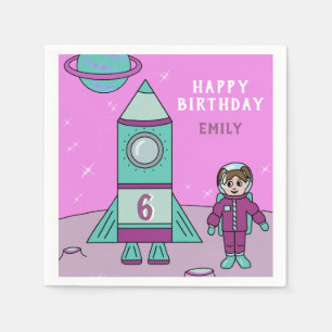 Astronaut Girl and Rocket Moon Space Birthday Napkin