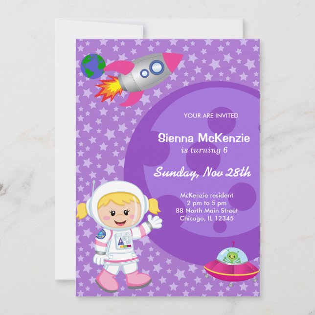 Astronaut girl Birthday theme Invitation (Front)