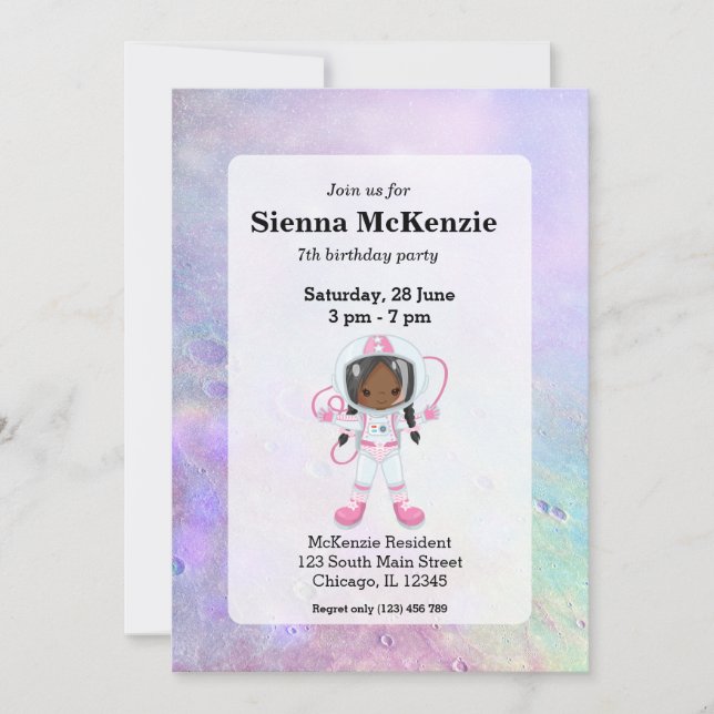 Astronaut girl Outer Space Invitation (Front)