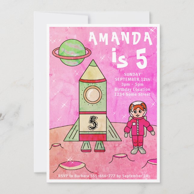Astronaut Girl Rocket Ship Pink Birthday Party Invitation (Front)