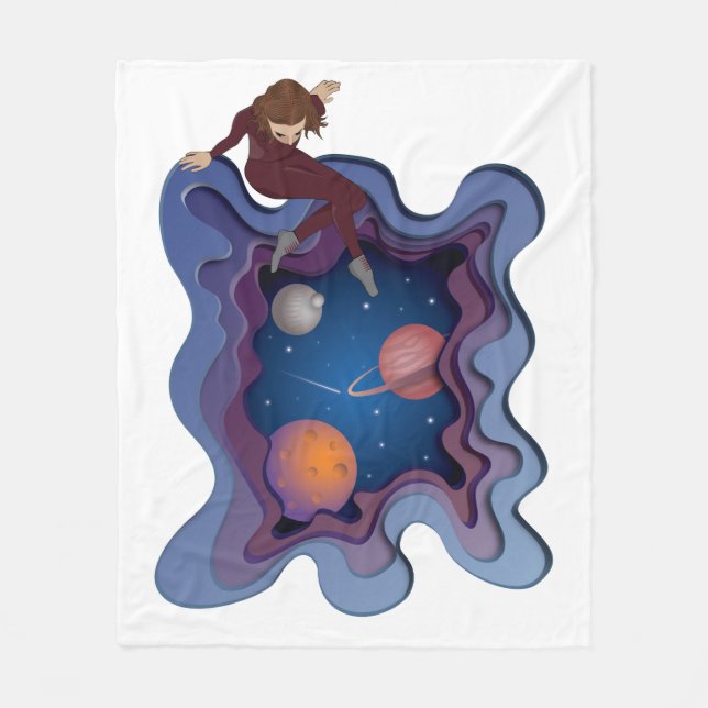 Astronaut Girl Space Gazing Fleece Blanket (Front)