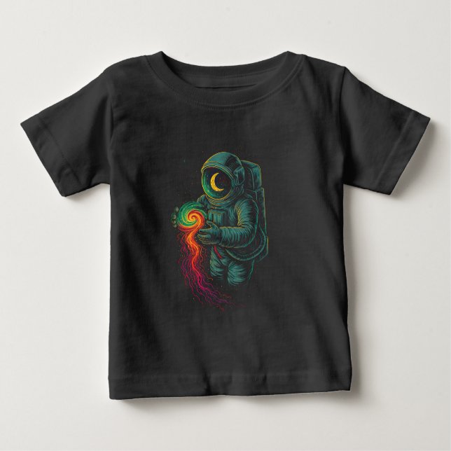 Astronaut Holding a Cosmic Spiral Baby T-Shirt (Front)