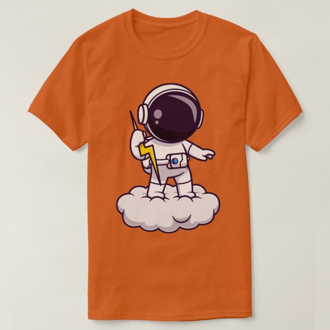 Astronaut Holding Thunder On Cloud Cartoon T-Shirt (Design Front)
