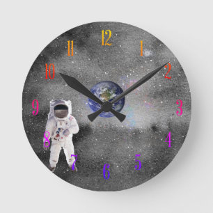 Astronaut in Outer Space Viewing Planet Earth    Round Clock