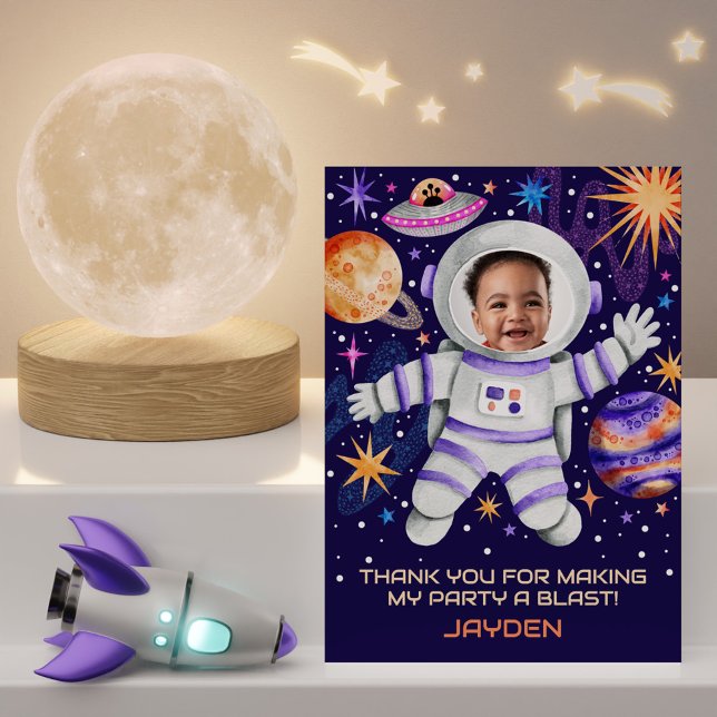 Astronaut in Outer Space with Planets & UFO Photo Thank You Card (Astronaut in Outer Space with Planets & UFO Photo Thank You Card)