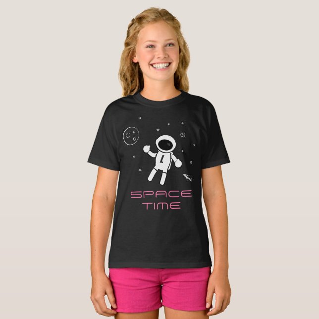 Astronaut In Space - Art in Black, White & Pink T-Shirt (Front Full)