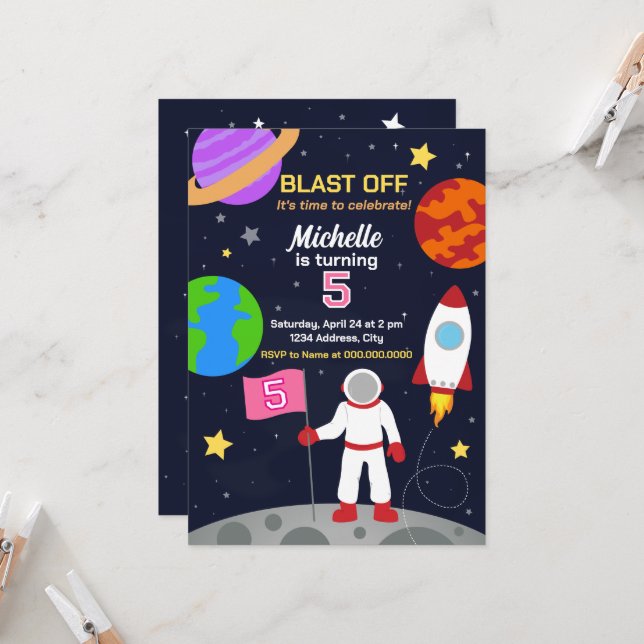 Astronaut in Space Birthday Invitation (Front/Back In Situ)