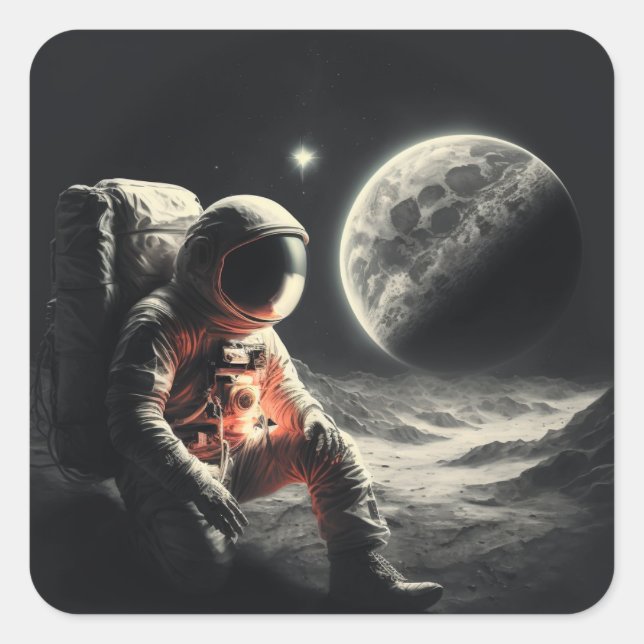 Astronaut in space landscape square sticker (Front)