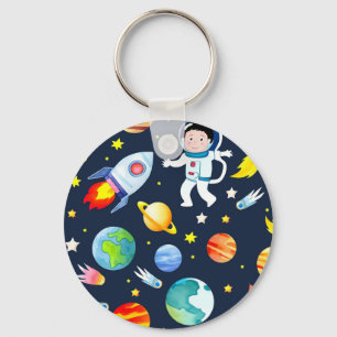 Astronaut in Space Planets and Rockets Pattern Key Ring