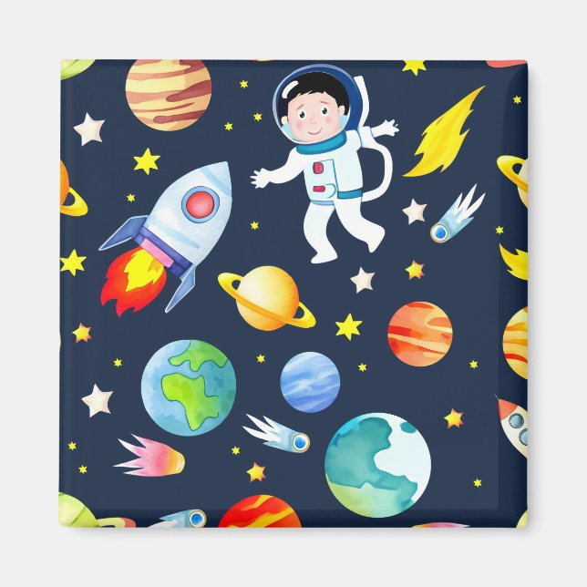 Astronaut in Space Planets and Rockets Pattern Magnet (Front)