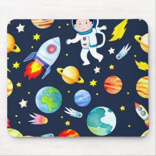 Astronaut in Space Planets and Rockets Pattern Mouse Pad