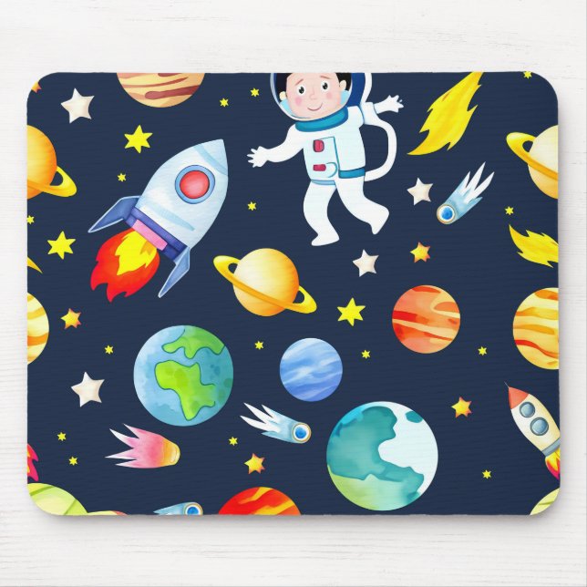 Astronaut in Space Planets and Rockets Pattern Mouse Pad (Front)