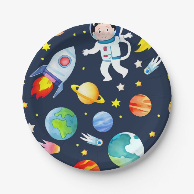 Astronaut in Space Planets and Rockets Pattern Paper Plate (Front)
