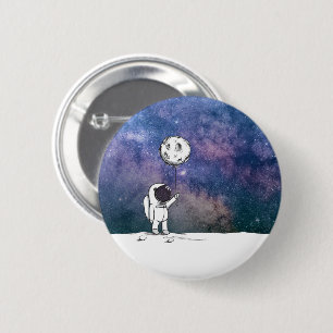 Astronaut in space with moon balloon cosmos stars 6 cm round badge