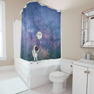 Astronaut in space with moon balloon cosmos stars shower curtain