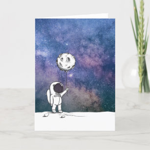 Astronaut in space with moon balloon cosmos stars thank you card