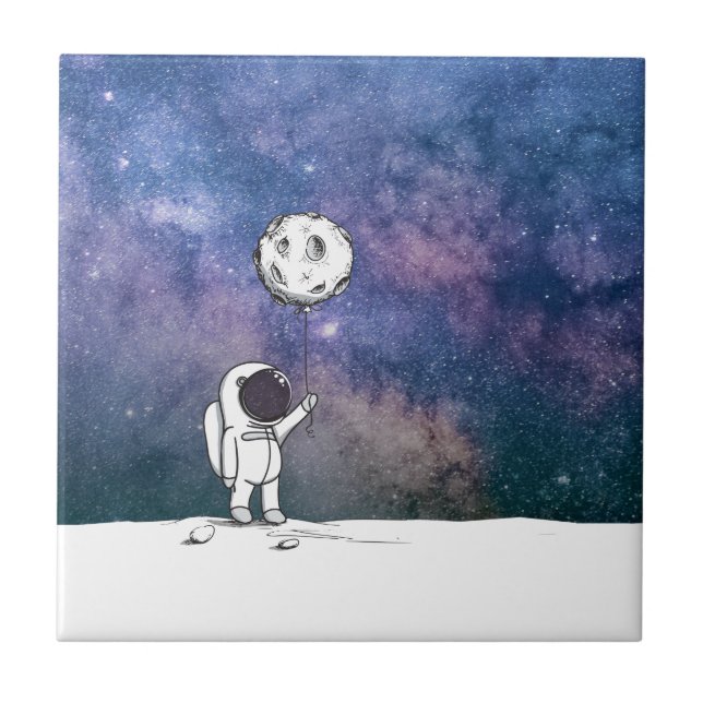 Astronaut in space with moon balloon cosmos stars tile (Front)