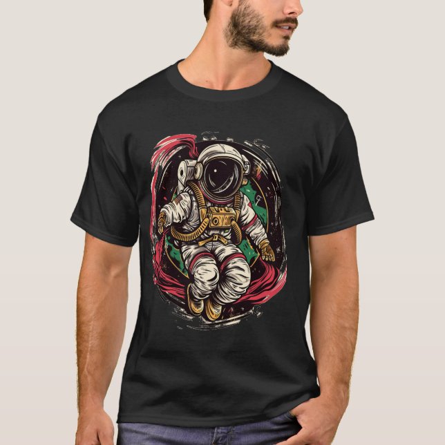 astronaut in space with planets in galaxies jupite T-Shirt (Front)