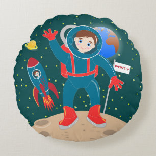Astronaut kid on the moon birthday party round cushion