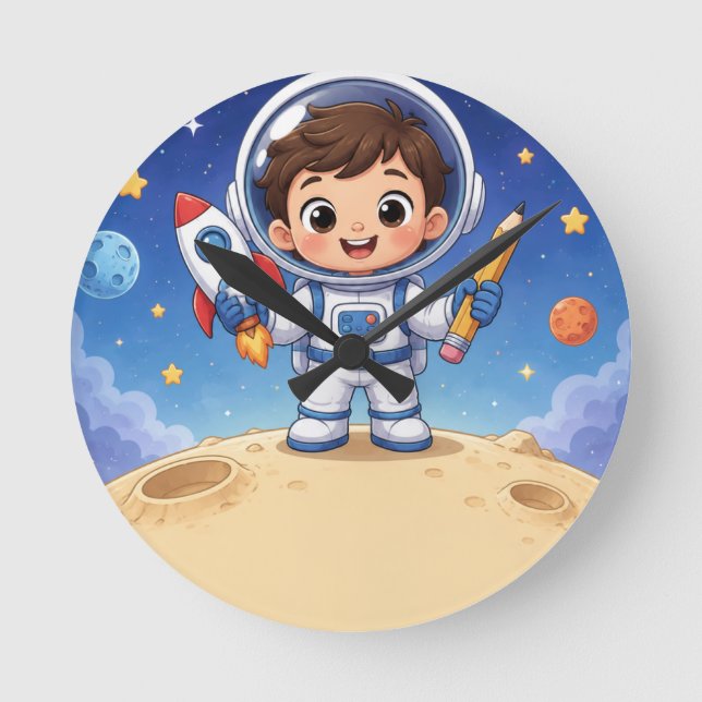 Astronaut Kid Ready to Explore Round Clock (Front)