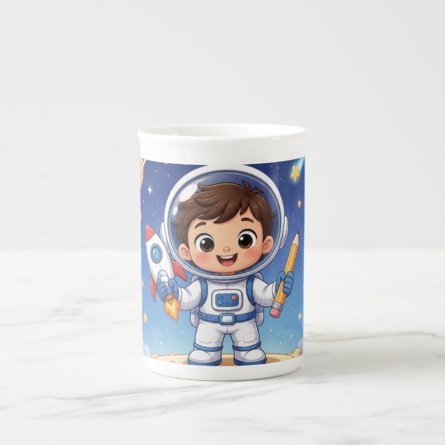 Astronaut Kid Ready to Explore School Noteboo Bone China Mug (Front)