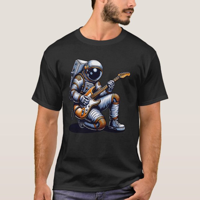 Astronaut Kneeling While Playing Electric Guitar T-Shirt (Front)