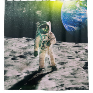 Astronaut looks up at an alien sun that illuminate shower curtain