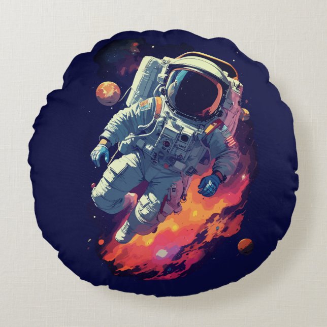 Astronaut Lost in Galaxy Background, Round Cushion (Front)
