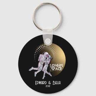 Astronaut Lovers Kissing in Space with Gold Planet Key Ring
