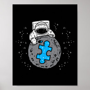 Astronaut Moon Blue Puzzle Piece Autism Awareness Poster