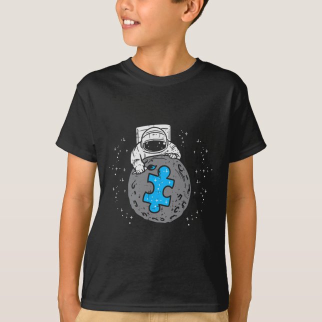 Astronaut Moon Blue Puzzle Piece Autism Awareness  T-Shirt (Front)