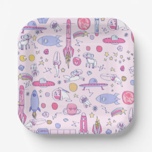 astronaut Narwhal Racoon Unicorn ufo sci-fi space Paper Plate