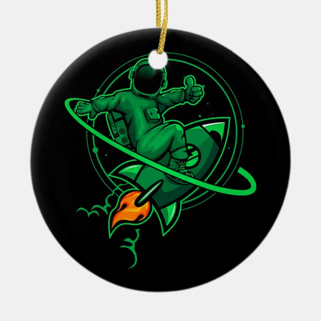 Astronaut On A Rocket Around Saturn Artwork | Ceramic Tree Decoration (Front)