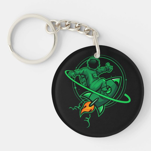 Astronaut On A Rocket Around Saturn Artwork | Key Ring (Front)