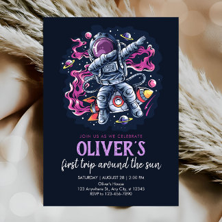 Astronaut on a space rocket with stars and planets invitation