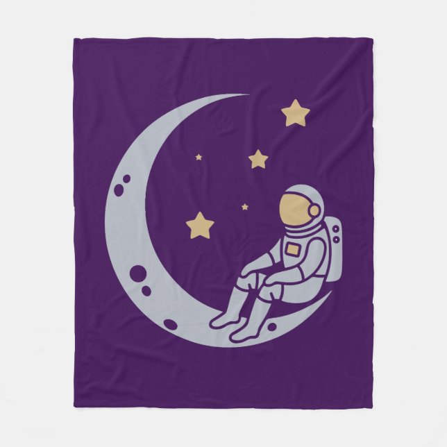 Astronaut on Crescent Moon Design - Throw Pillow Fleece Blanket (Front)