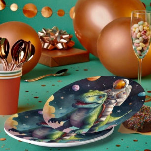 Astronaut on Dino in Space Paper Plate
