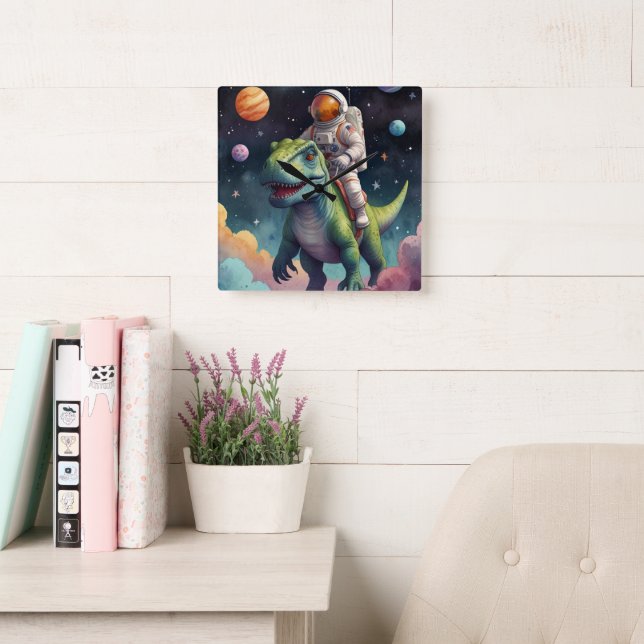 Astronaut on Dino in Space Square Wall Clock (Reading Room)