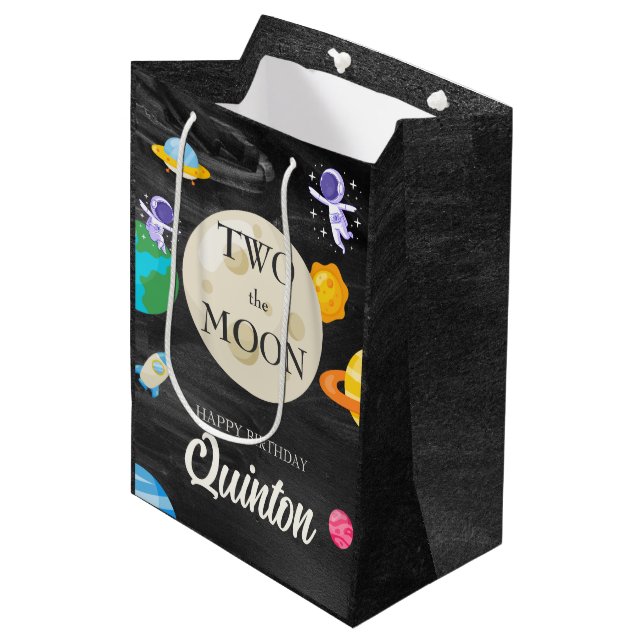 Astronaut Outer Space 2nd Birthday Medium Gift Bag (Front Angled)