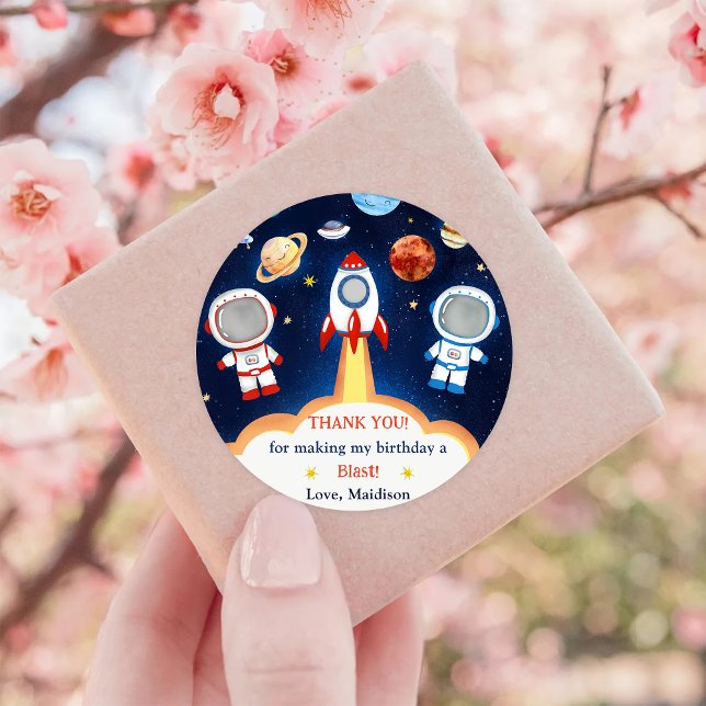 Astronaut Outer Space Birthday Thank You Classic Round Sticker (Creator Uploaded)