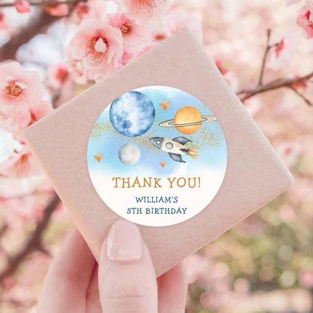 Astronaut Outer Space Birthday Thank You Classic Round Sticker (Creator Uploaded)