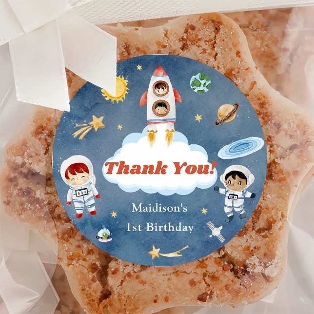 Astronaut Outer Space Birthday Thank You Classic Round Sticker (Creator Uploaded)