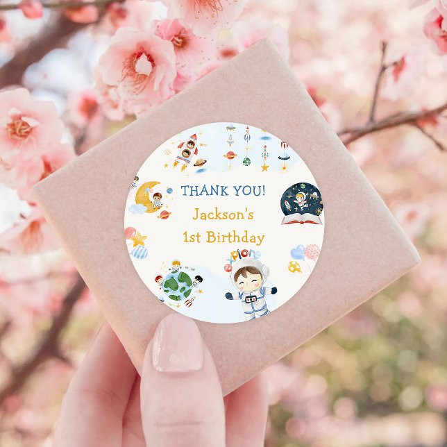 Astronaut Outer Space Birthday Thank You Classic Round Sticker (Creator Uploaded)