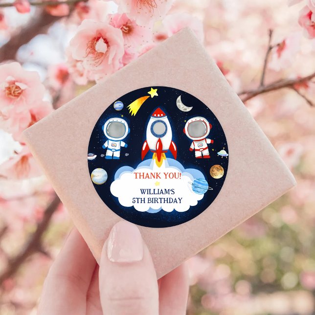 Astronaut Outer Space Birthday Thank You Classic Round Sticker (Creator Uploaded)